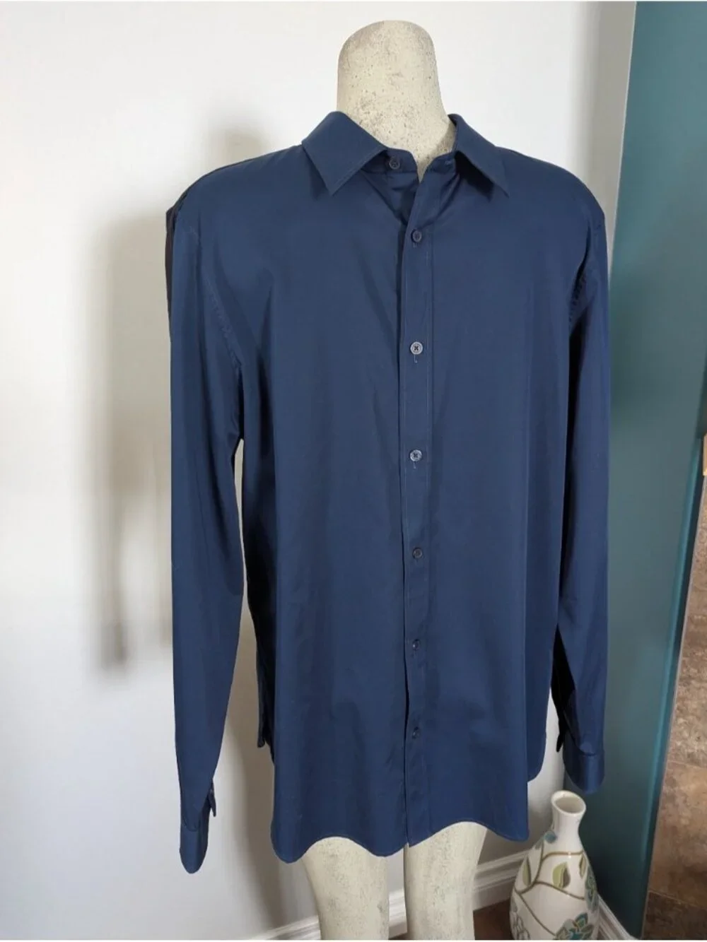 New Calvin Klein Blue Dress Shirt Black Military Stripe Sleeve 100% cotton Sz L